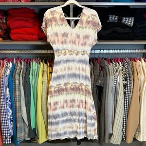 BeBop white/blue/pink print smocked waistband back tie midi v neck dress size S